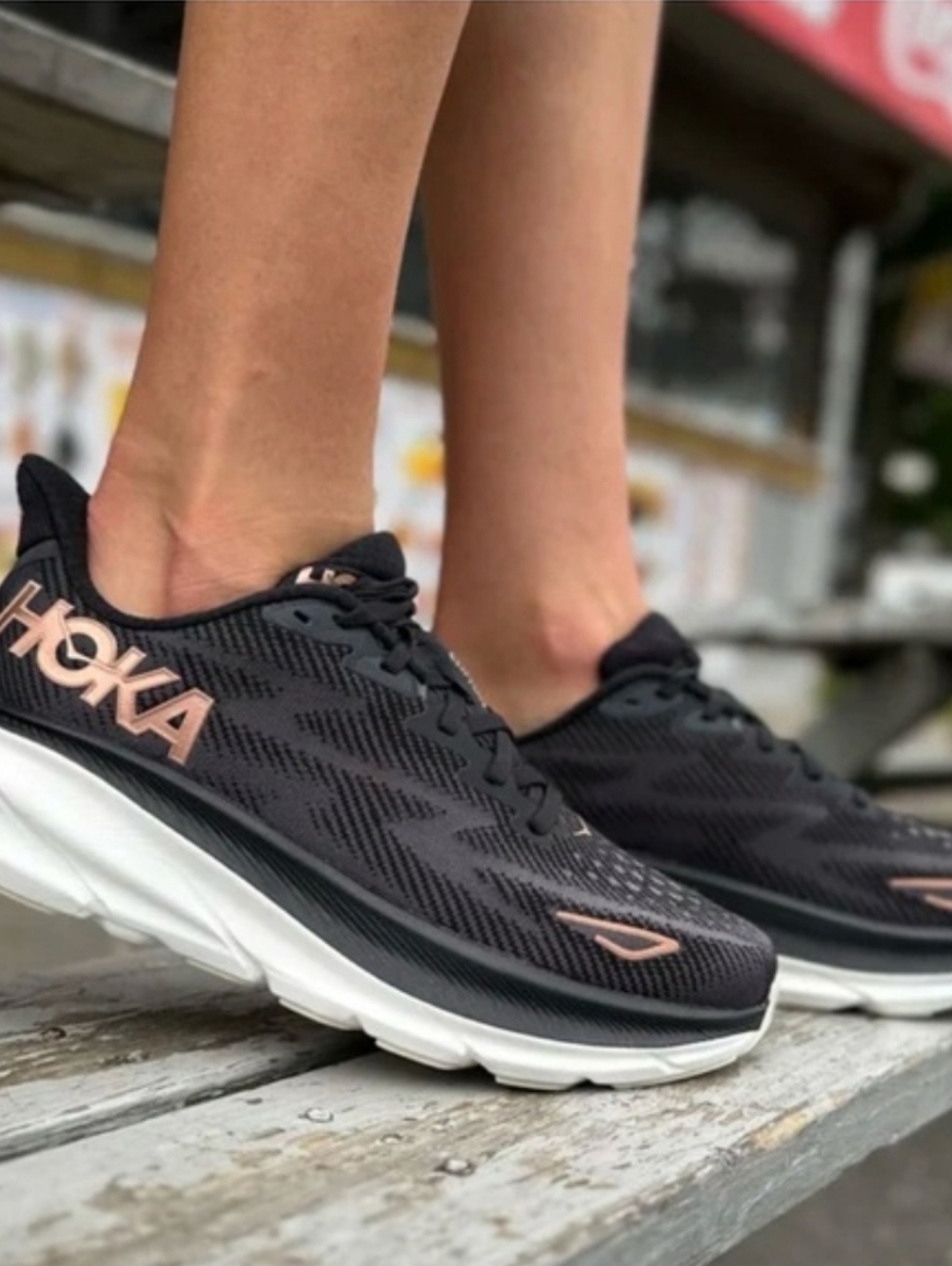 HOKA Clifton 9 Women's Black with Rose Gold Shoes, Size 5.5D